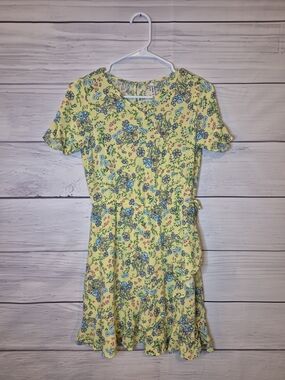 fabkids Girl's Yellow Floral Faux Wrap Cottagecore Dress with Blue & Pink Blooms